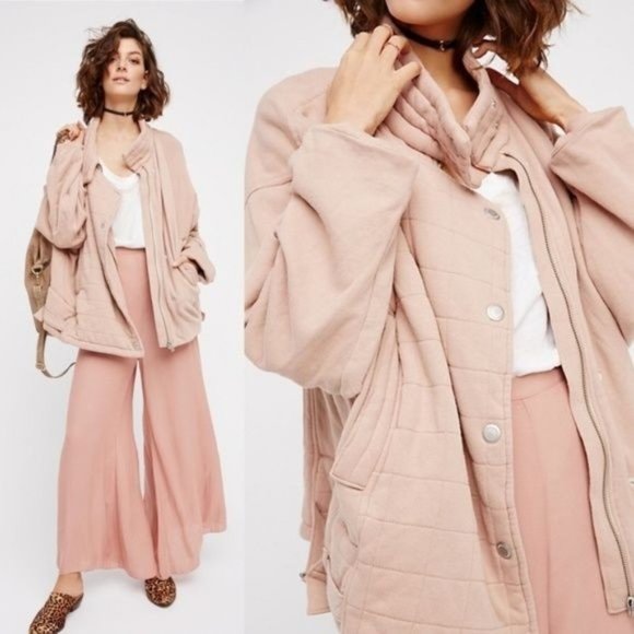 FP Oversized Knit Quilted Jacket Moto Buckle High Biker - Picture 2 of 7